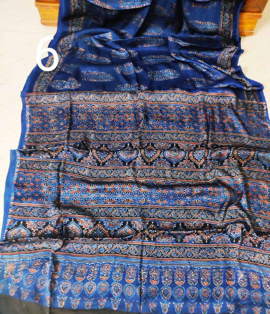 Zynah Pure Modal Silk Ajrakh Saree with Handblock Prints; Custom Stitched/Ready-made Blouse, Fall, Petticoat; Shipping available USA, Worldwide