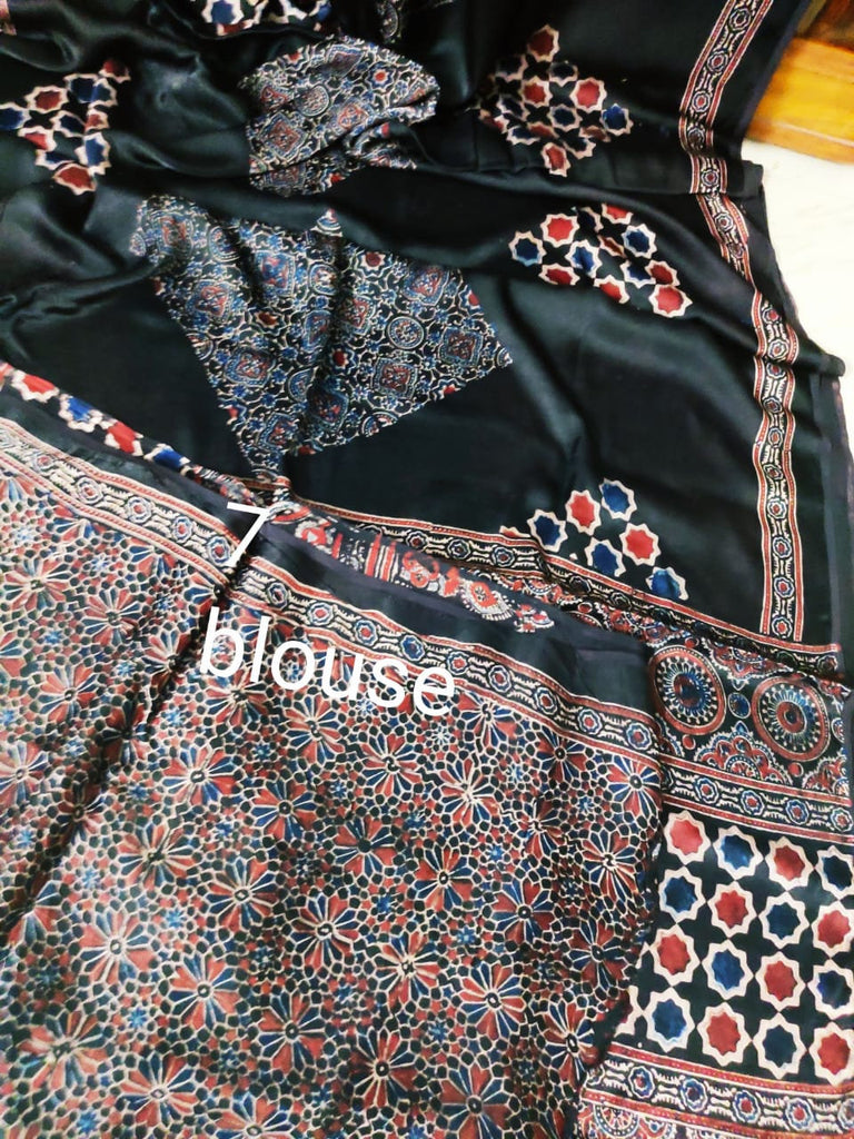 Zynah Pure Modal Silk Ajrakh Saree with Handblock Prints; Custom Stitched/Ready-made Blouse, Fall, Petticoat; Shipping available USA, Worldwide