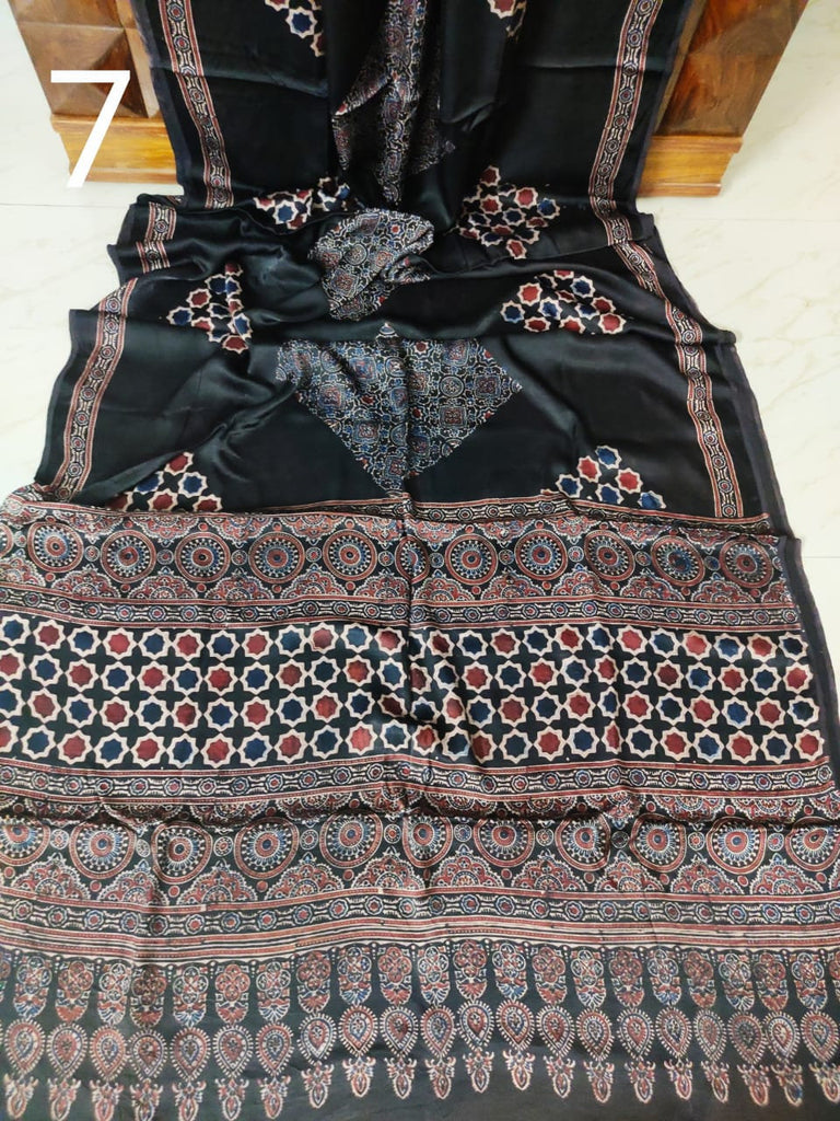 Zynah Pure Modal Silk Ajrakh Saree with Handblock Prints; Custom Stitched/Ready-made Blouse, Fall, Petticoat; Shipping available USA, Worldwide