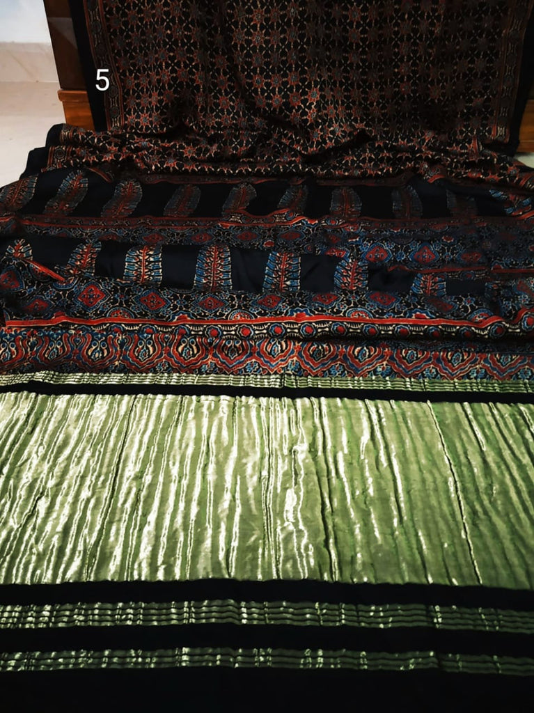 Zynah Pure Modal Silk Ajrakh Saree with Tissue Pallu & Handblock Prints; Custom Stitched/Ready-made Blouse, Fall, Petticoat; Shipping available USA, Worldwide