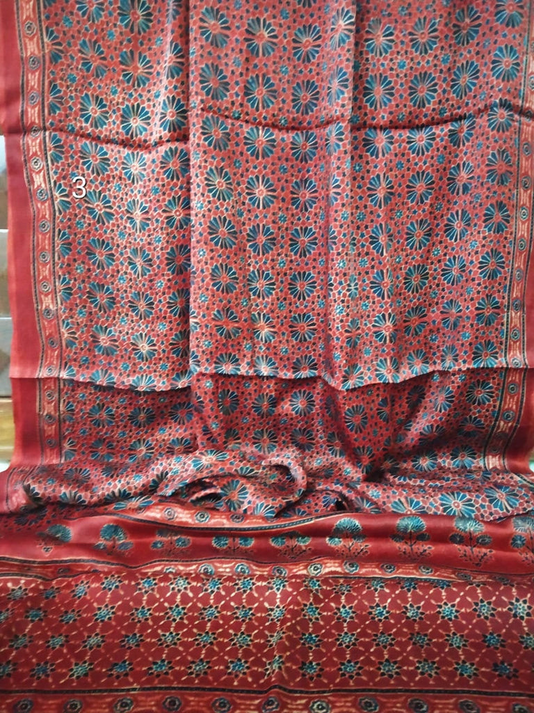 Zynah Pure Modal Silk Ajrakh Saree with Tissue Pallu & Handblock Prints; Custom Stitched/Ready-made Blouse, Fall, Petticoat; Shipping available USA, Worldwide