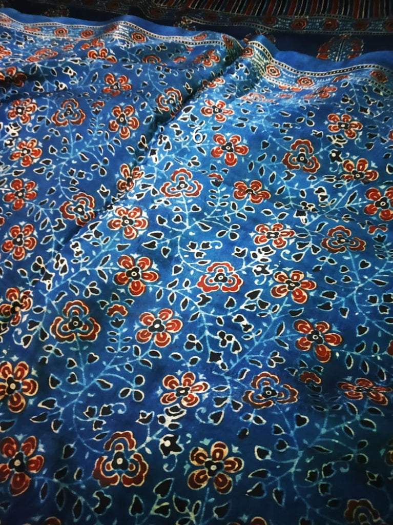 Zynah Pure Modal Silk Ajrakh Saree with Tissue Pallu & Handblock Prints; Custom Stitched/Ready-made Blouse, Fall, Petticoat; Shipping available USA, Worldwide