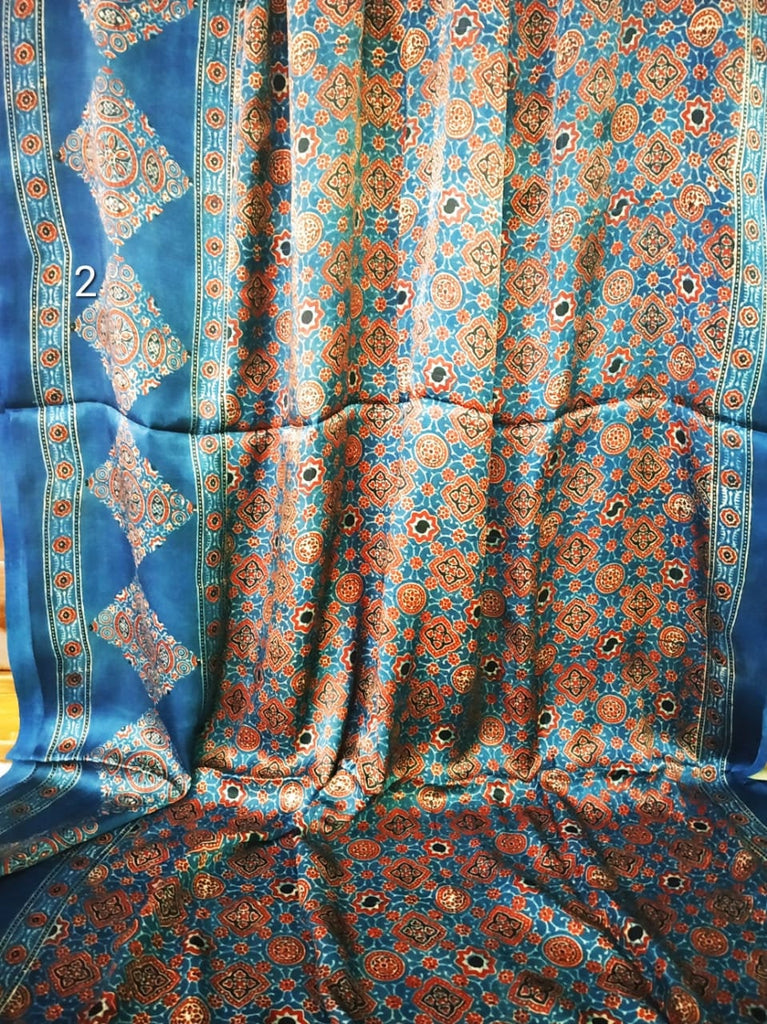 Zynah Pure Modal Silk Ajrakh Saree with Tissue Pallu & Handblock Prints; Custom Stitched/Ready-made Blouse, Fall, Petticoat; Shipping available USA, Worldwide