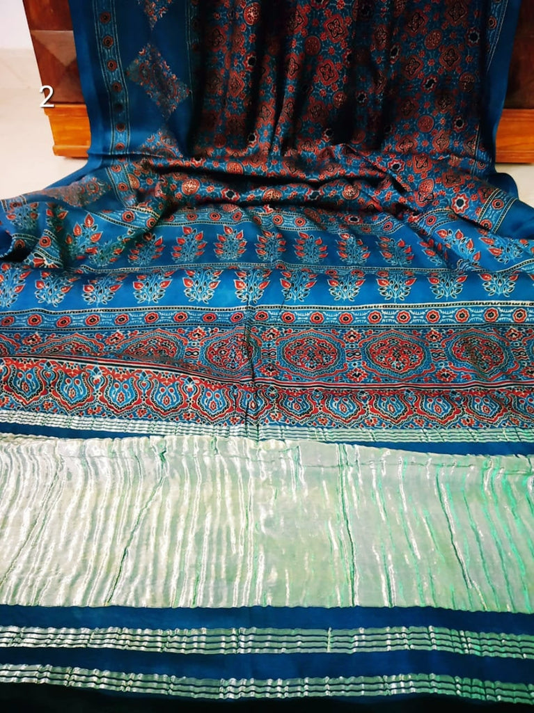 Zynah Pure Modal Silk Ajrakh Saree with Tissue Pallu & Handblock Prints; Custom Stitched/Ready-made Blouse, Fall, Petticoat; Shipping available USA, Worldwide