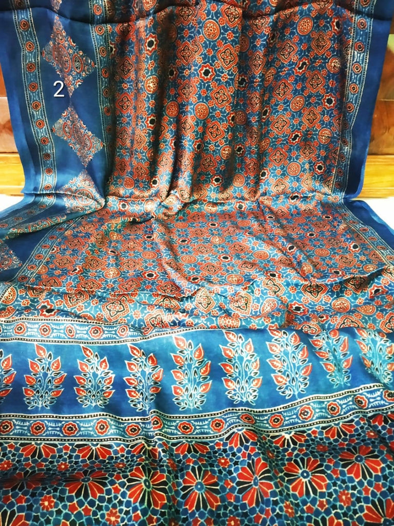 Zynah Pure Modal Silk Ajrakh Saree with Tissue Pallu & Handblock Prints; Custom Stitched/Ready-made Blouse, Fall, Petticoat; Shipping available USA, Worldwide