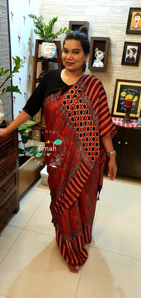 Zynah Pure Modal Silk Ajrakh Saree with Handblock Prints; Custom Stitched/Ready-made Blouse, Fall, Petticoat; Shipping available USA, Worldwide