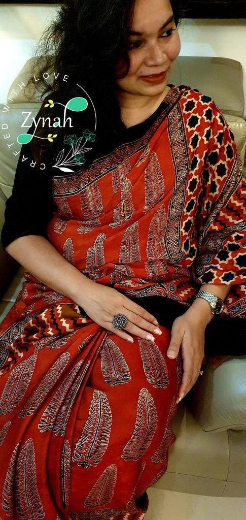 Zynah Pure Modal Silk Ajrakh Saree with Handblock Prints; Custom Stitched/Ready-made Blouse, Fall, Petticoat; Shipping available USA, Worldwide
