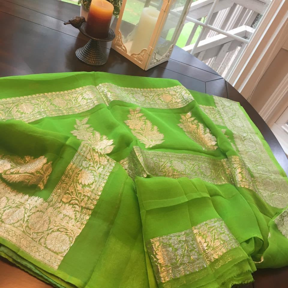 Zynah Pure Banarasi Handloom Khaddi Georgette Saree with Zari Border & Butis; Custom Stitched/Ready-made Blouse, Fall, Petticoat; Shipping available USA, Worldwide