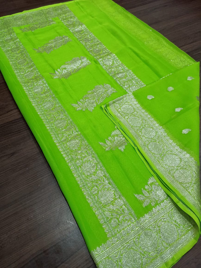 Zynah Pure Banarasi Handloom Khaddi Georgette Saree with Zari Border & Butis; Custom Stitched/Ready-made Blouse, Fall, Petticoat; Shipping available USA, Worldwide
