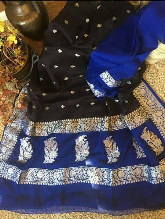 Zynah Pure Banarasi Handloom Khaddi Georgette Saree with Golden Zari Border & Butis; Custom Stitched/Ready-made Blouse, Fall, Petticoat; Shipping available USA, Worldwide