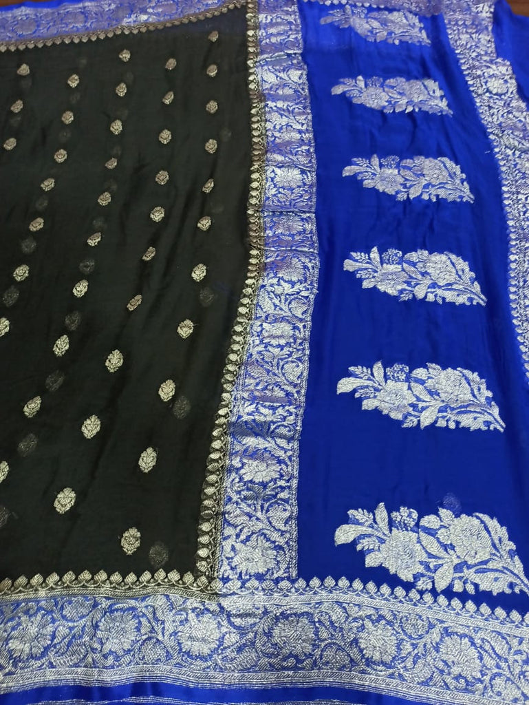 Zynah Pure Banarasi Handloom Khaddi Georgette Saree with Golden Zari Border & Butis; Custom Stitched/Ready-made Blouse, Fall, Petticoat; Shipping available USA, Worldwide