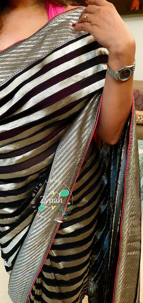 Zynah Pure Khaddi Georgette Banarasi Woven Saree with Zari Border & Butis; Custom Stitched/Ready-made Blouse, Fall, Petticoat; Shipping available USA, Worldwide
