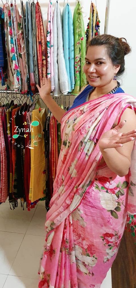 Zynah Digital Printed Organic Lab Tested 120 Count pure 'Linen by Linen' Handcrafted Saree; Custom Stitched/Ready-made Blouse, Fall, Petticoat; Shipping available USA, Worldwide