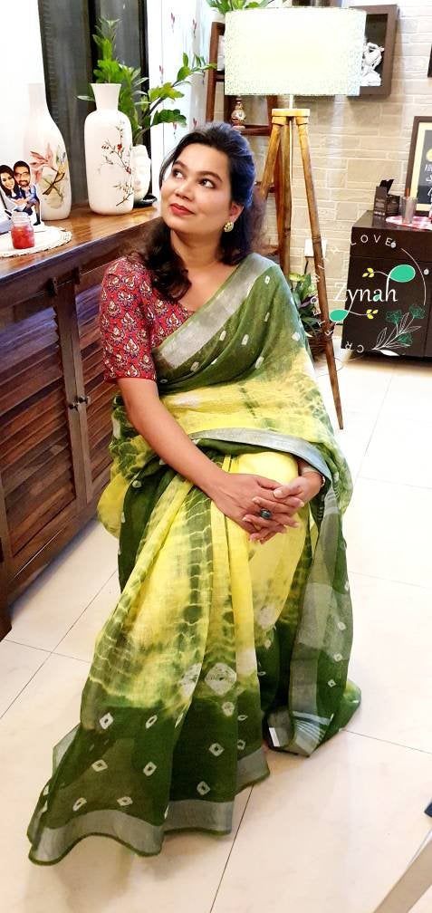 Zynah Organic Lab Tested superior Count pure 'Linen By Linen' handcrafted shibori print saree; Custom Stitched/Ready-made Blouse, Fall, Petticoat; Shipping available USA, Worldwide