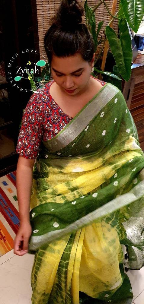 Zynah Organic Lab Tested superior Count pure 'Linen By Linen' handcrafted shibori print saree; Custom Stitched/Ready-made Blouse, Fall, Petticoat; Shipping available USA, Worldwide