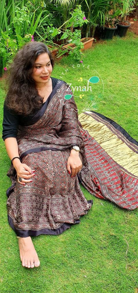 Zynah Pure Modal Silk Ajrakh Saree with Tissue Zari Pallu & Handblock Prints; Custom Stitched/Ready-made Blouse, Fall, Petticoat; Shipping available USA, Worldwide