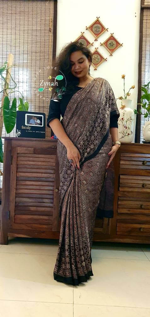 Zynah Pure Modal Silk Ajrakh Saree with Tissue Zari Pallu & Handblock Prints; Custom Stitched/Ready-made Blouse, Fall, Petticoat; Shipping available USA, Worldwide