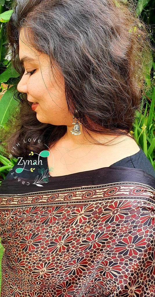 Zynah Pure Modal Silk Ajrakh Saree with Tissue Zari Pallu & Handblock Prints; Custom Stitched/Ready-made Blouse, Fall, Petticoat; Shipping available USA, Worldwide