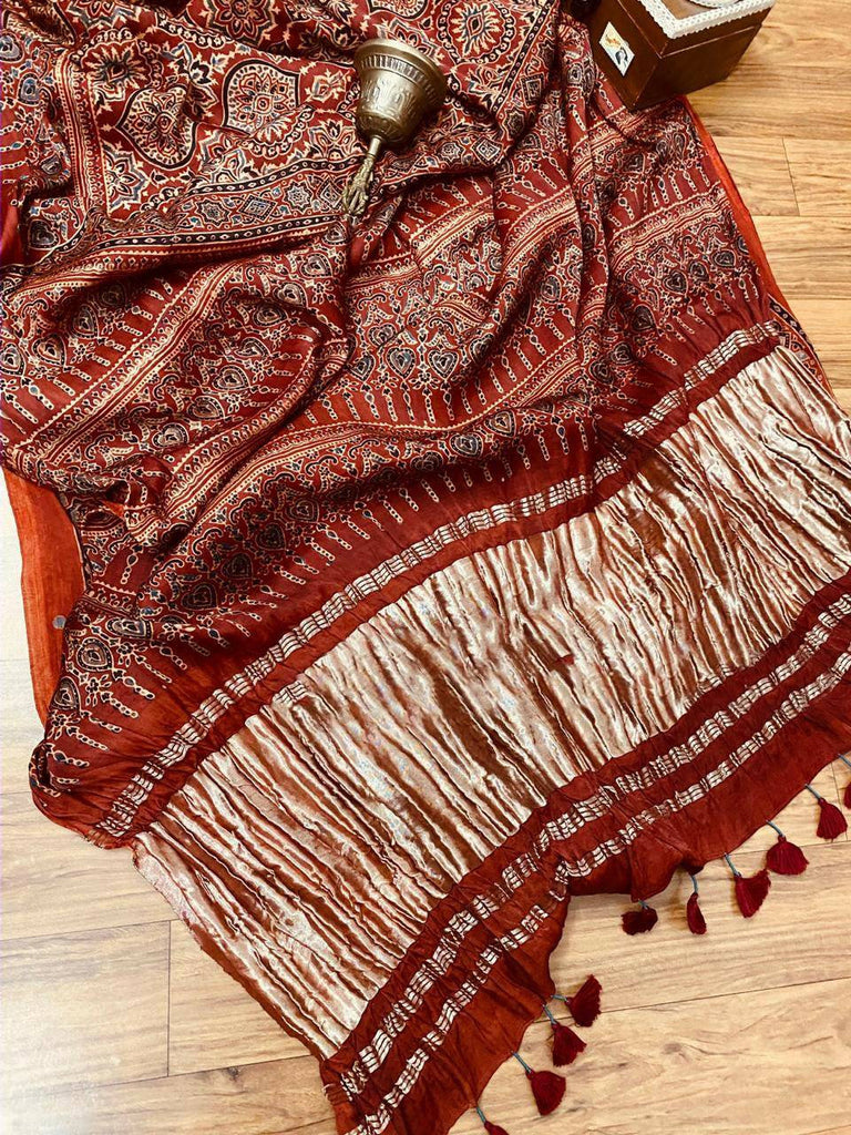 Zynah Pure Modal Silk Ajrakh Saree with Tissue Pallu & Handblock Prints; Custom Stitched/Ready-made Blouse, Fall, Petticoat; Shipping available USA, Worldwide