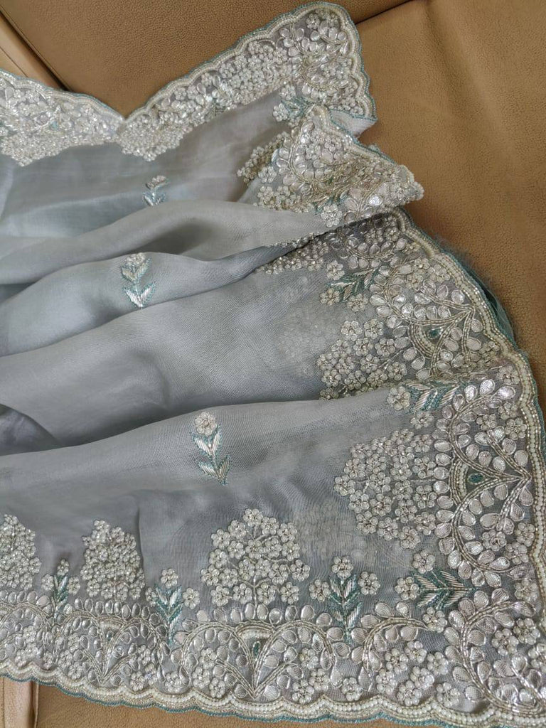 Zynah Organza Silk Saree with Cut-dana Work, Pearls, Beads, Gotapatti Work; Custom Stitched/Ready-made Blouse, Fall, Petticoat; Shipping available USA, Worldwide