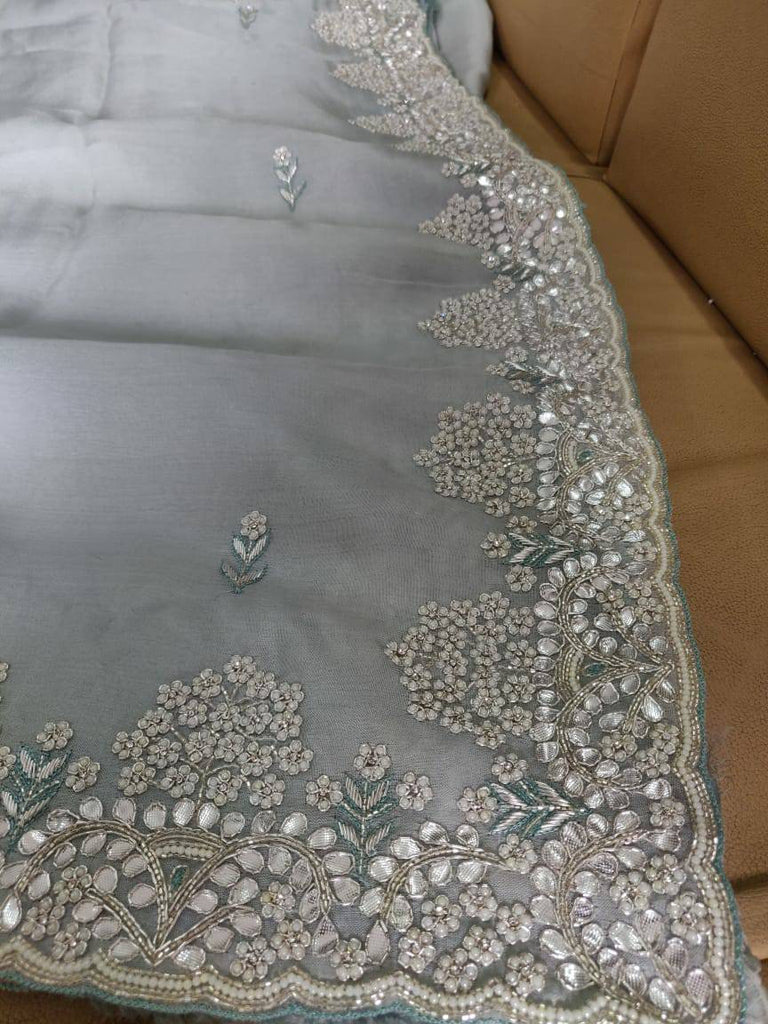Zynah Organza Silk Saree with Cut-dana Work, Pearls, Beads, Gotapatti Work; Custom Stitched/Ready-made Blouse, Fall, Petticoat; Shipping available USA, Worldwide