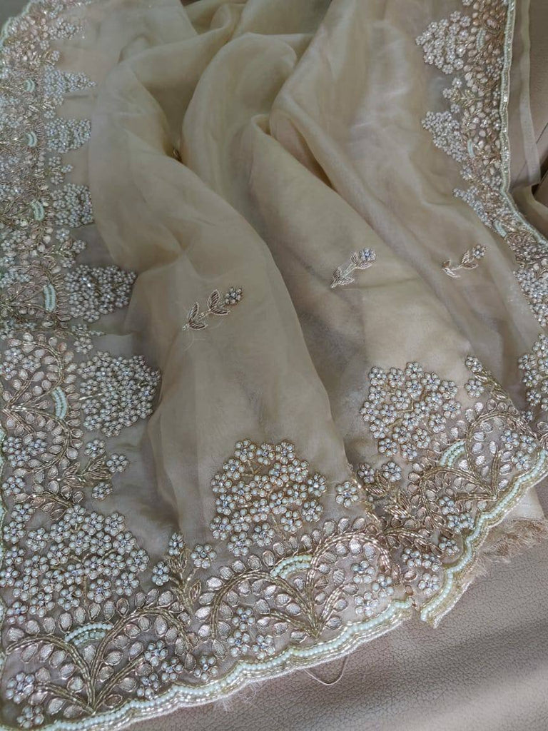 Zynah Organza Silk Saree with Cut-dana Work, Pearls, Beads, Gotapatti Work; Custom Stitched/Ready-made Blouse, Fall, Petticoat; Shipping available USA, Worldwide