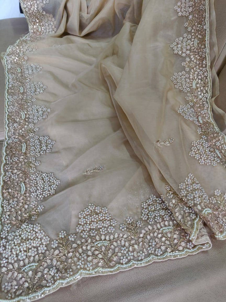 Zynah Organza Silk Saree with Cut-dana Work, Pearls, Beads, Gotapatti Work; Custom Stitched/Ready-made Blouse, Fall, Petticoat; Shipping available USA, Worldwide