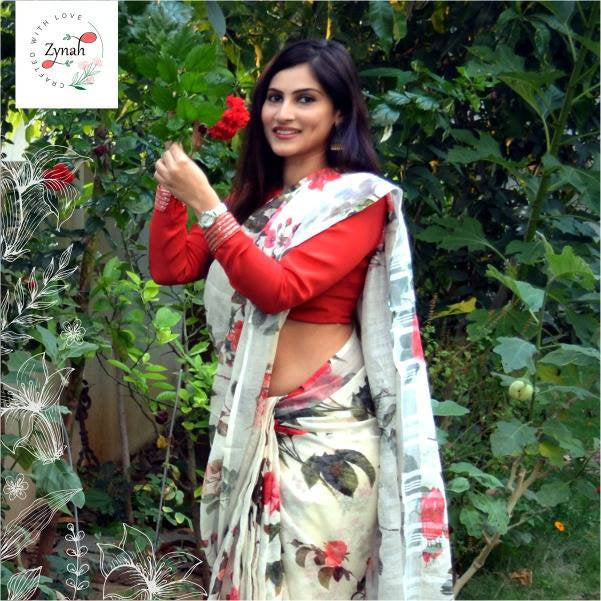 Zynah Digital Printed Organic Lab Tested 120 Count pure 'Linen by Linen' Handcrafted Saree; Custom Stitched/Ready-made Blouse, Fall, Petticoat; Shipping available USA, Worldwide