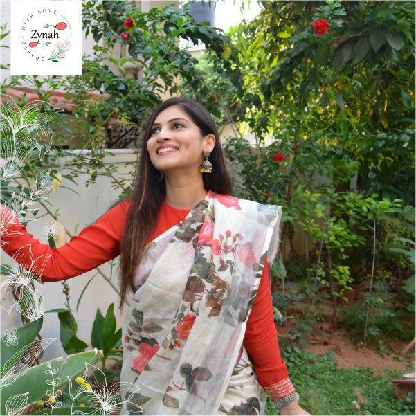 Zynah Digital Printed Organic Lab Tested 120 Count pure 'Linen by Linen' Handcrafted Saree; Custom Stitched/Ready-made Blouse, Fall, Petticoat; Shipping available USA, Worldwide