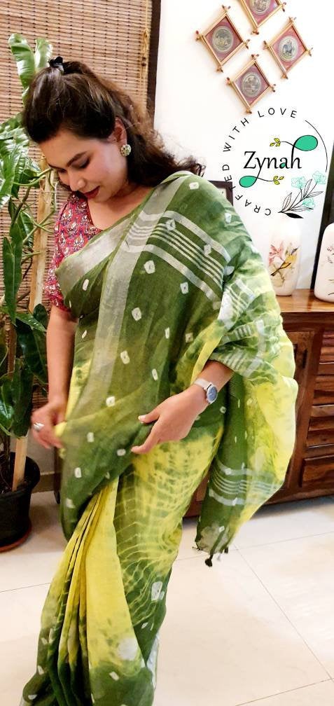 Zynah Organic Lab Tested superior Count pure 'Linen By Linen' handcrafted shibori print saree; Custom Stitched/Ready-made Blouse, Fall, Petticoat; Shipping available USA, Worldwide