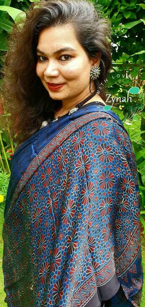 Zynah Pure Modal Silk Ajrakh Saree with Handblock Prints; Custom Stitched/Ready-made Blouse, Fall, Petticoat; Shipping available USA, Worldwide