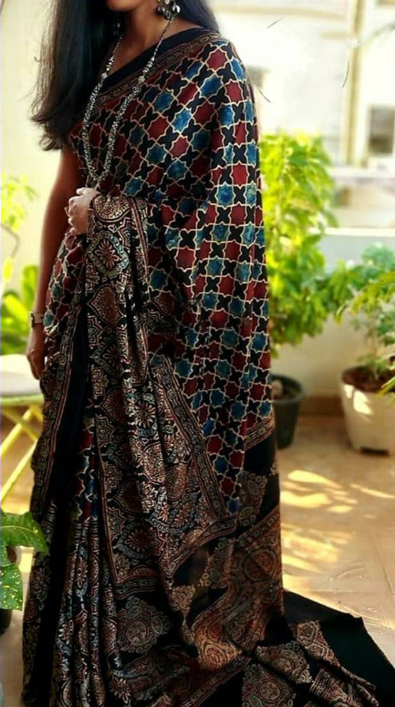 Zynah Pure Modal Silk Ajrakh Saree with Handblock Prints; Custom Stitched/Ready-made Blouse, Fall, Petticoat; Shipping available USA, Worldwide