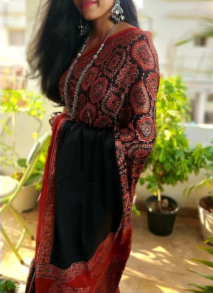 Zynah Pure Modal Silk Ajrakh Saree with Handblock Prints; Custom Stitched/Ready-made Blouse, Fall, Petticoat; Shipping available USA, Worldwide