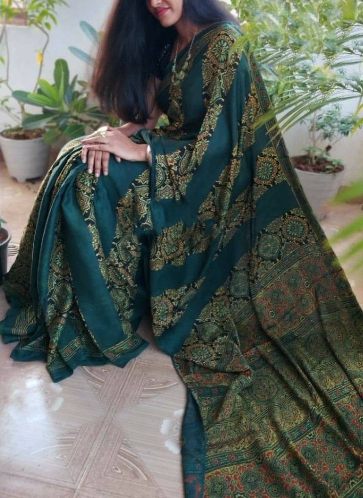 Zynah Pure Modal Silk Ajrakh Saree with Handblock Prints; Custom Stitched/Ready-made Blouse, Fall, Petticoat; Shipping available USA, Worldwide