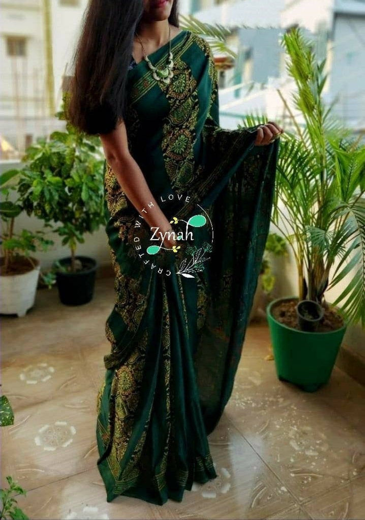 Zynah Pure Modal Silk Ajrakh Saree with Handblock Prints; Custom Stitched/Ready-made Blouse, Fall, Petticoat; Shipping available USA, Worldwide