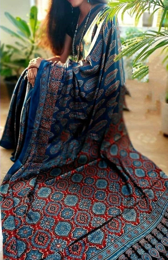 Zynah Pure Modal Silk Ajrakh Saree with Handblock Prints; Custom Stitched/Ready-made Blouse, Fall, Petticoat; Shipping available USA, Worldwide