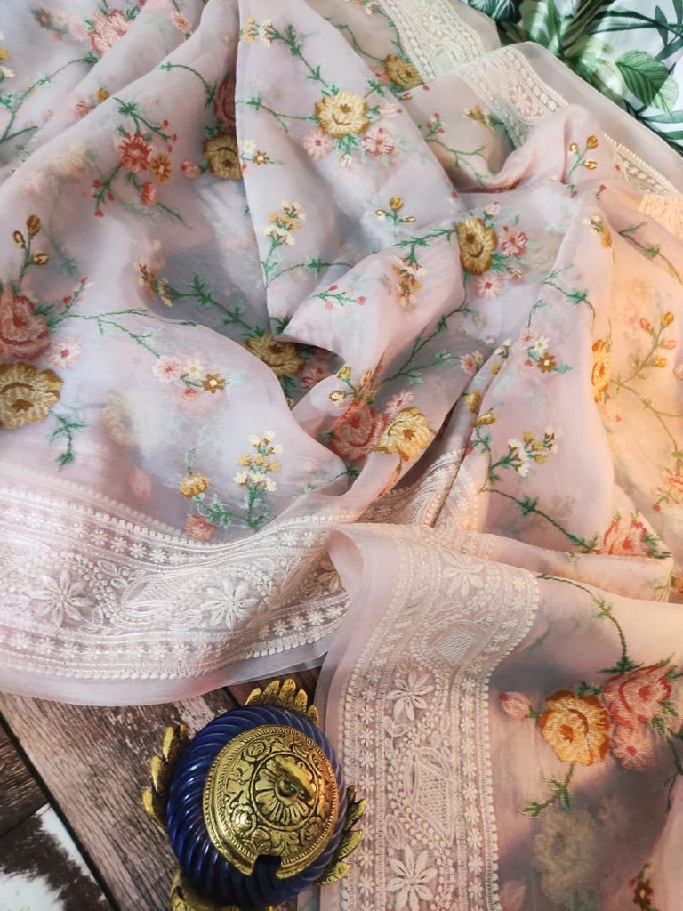 Zynah Powder Pink Organza Saree, Multicolor Cross Stitch & Chikankari Border; Custom Stitched/Ready-made Blouse, Fall, Petticoat; Shipping available USA, Worldwide