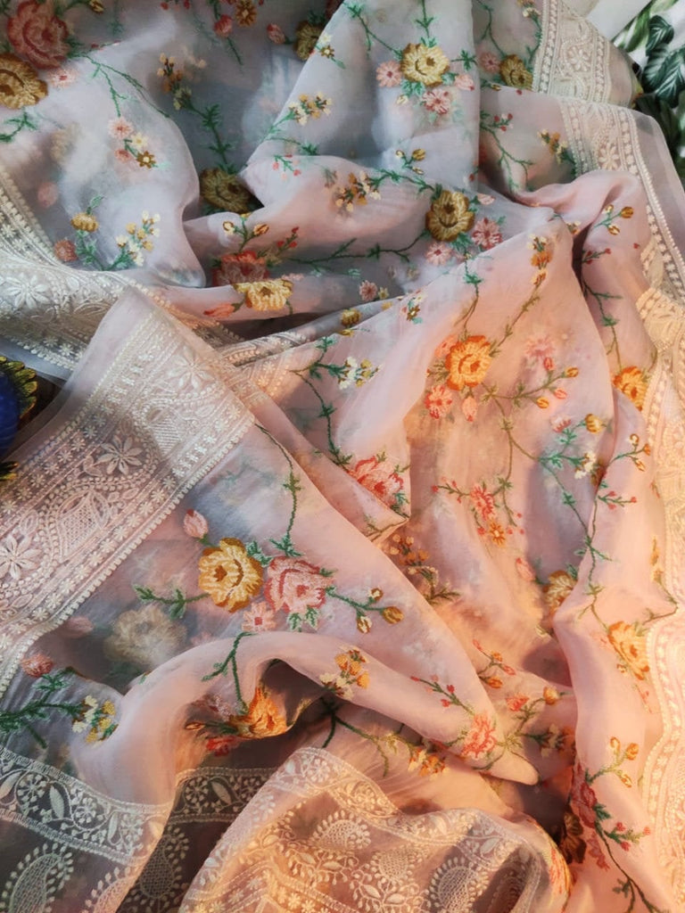Zynah Powder Pink Organza Saree, Multicolor Cross Stitch & Chikankari Border; Custom Stitched/Ready-made Blouse, Fall, Petticoat; Shipping available USA, Worldwide