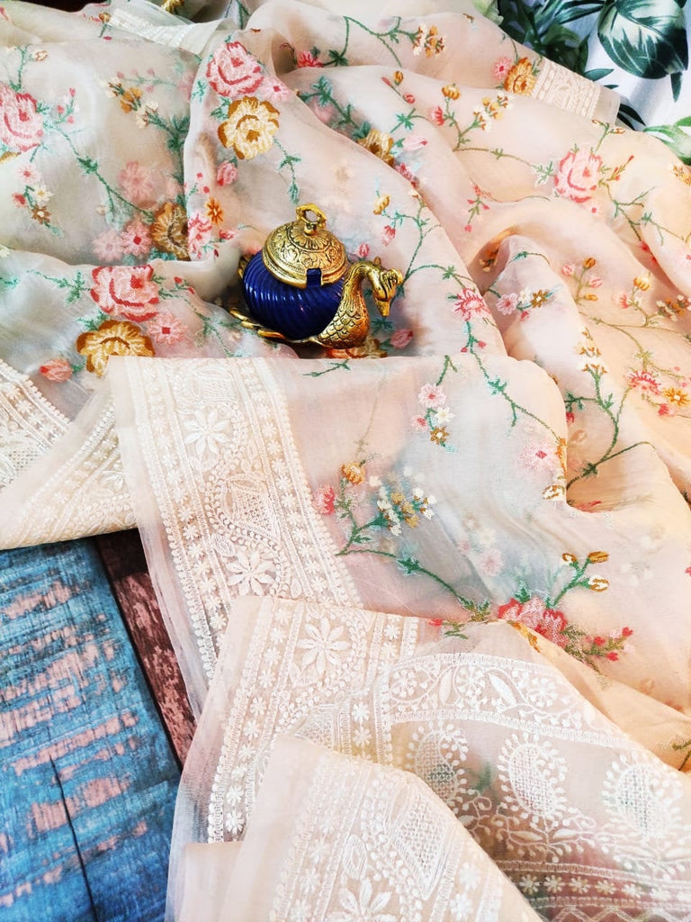 Zynah Powder Pink Organza Saree, Multicolor Cross Stitch & Chikankari Border; Custom Stitched/Ready-made Blouse, Fall, Petticoat; Shipping available USA, Worldwide