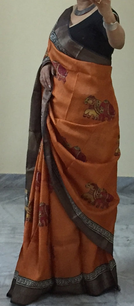 Zynah Pure Tussar Silk Handcrafted Sarees with Handblock Prints; stitched readymade blouse,fall,petticoat,available in USA & Worldwide