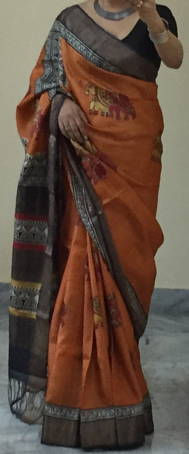 Zynah Pure Tussar Silk Handcrafted Sarees with Handblock Prints; stitched readymade blouse,fall,petticoat,available in USA & Worldwide