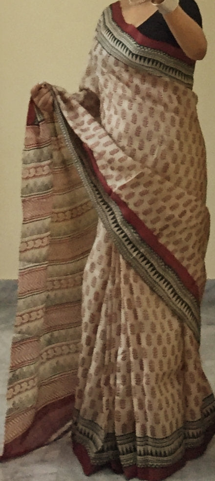 Zynah Pure Tussar Silk Handcrafted Sarees with Handblock Prints; stitched readymade blouse,fall,petticoat,available in USA & Worldwide