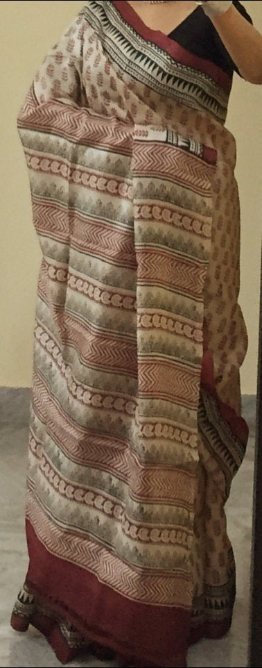 Zynah Pure Tussar Silk Handcrafted Sarees with Handblock Prints; stitched readymade blouse,fall,petticoat,available in USA & Worldwide