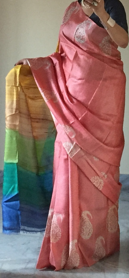 Zynah Pure Tussar Silk Handcrafted Sarees with Handblock Prints; stitched readymade blouse,fall,petticoat,available in USA & Worldwide