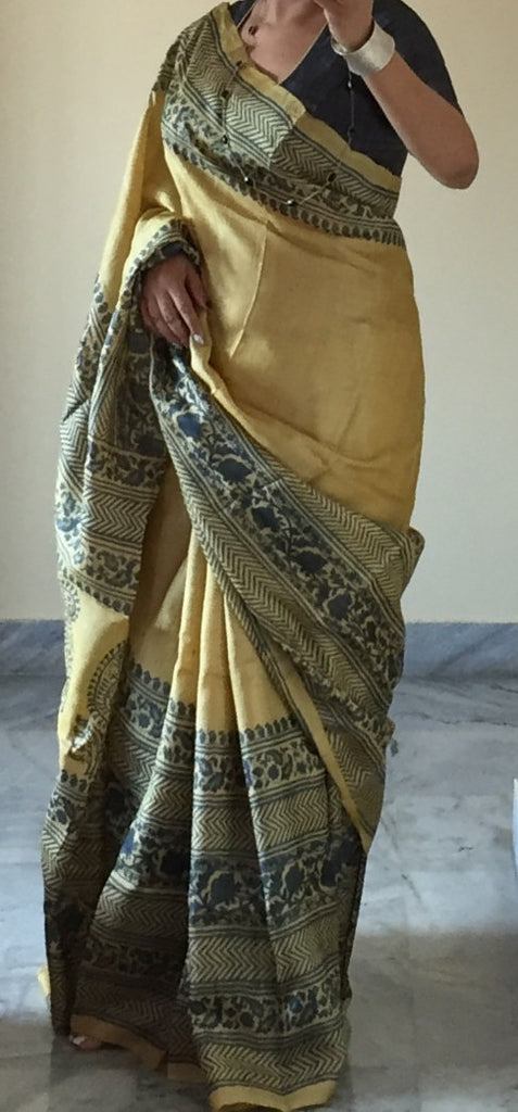 Zynah Pure Tussar Silk Handcrafted Sarees with Handblock Prints; stitched readymade blouse,fall,petticoat,available in USA & Worldwide