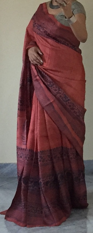 Zynah Pure Tussar Silk Handcrafted Sarees with Handblock Prints; stitched readymade blouse,fall,petticoat,available in USA & Worldwide