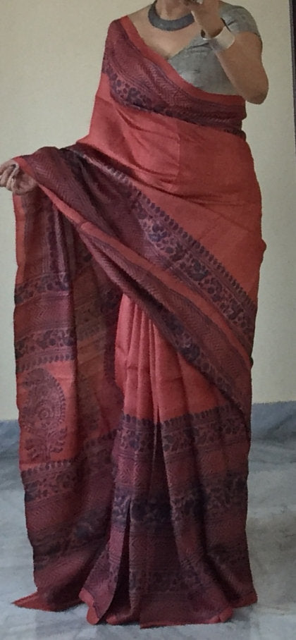 Zynah Pure Tussar Silk Handcrafted Sarees with Handblock Prints; stitched readymade blouse,fall,petticoat,available in USA & Worldwide