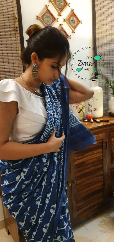 Zynah Pure Mal Cotton Handblock printed Indigo Sarees; Custom Stitched/Ready-made Blouse, Fall, Petticoat; Shipping available USA, Worldwide