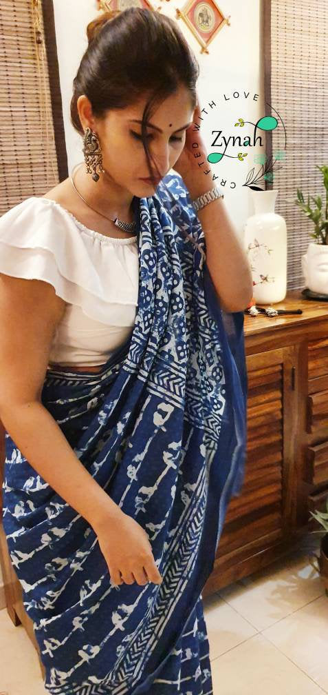 Zynah Pure Mal Cotton Handblock printed Indigo Sarees; Custom Stitched/Ready-made Blouse, Fall, Petticoat; Shipping available USA, Worldwide