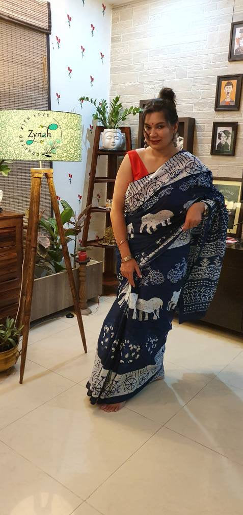 Zynah Pure Mal Cotton Handblock printed Indigo Sarees; Custom Stitched/Ready-made Blouse, Fall, Petticoat; Shipping available USA, Worldwide